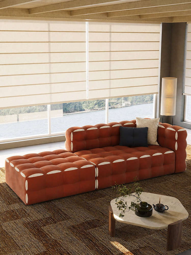 Caramel Grid-Tufted Lounge Sofa, White Crescent Edge Detail