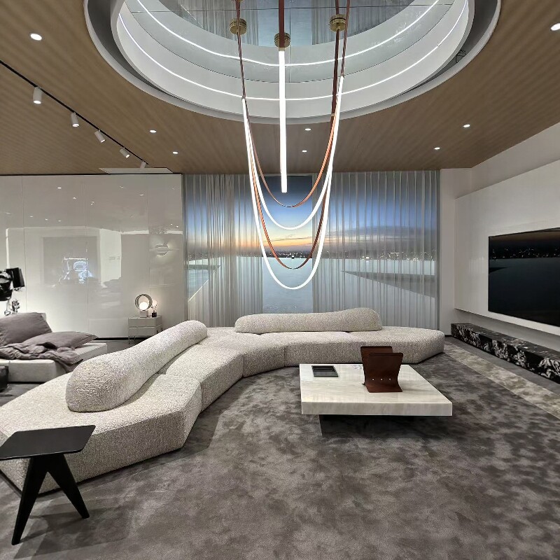 Long Bolster-Back Modular Sofa for Curved Low Lounge Layouts
