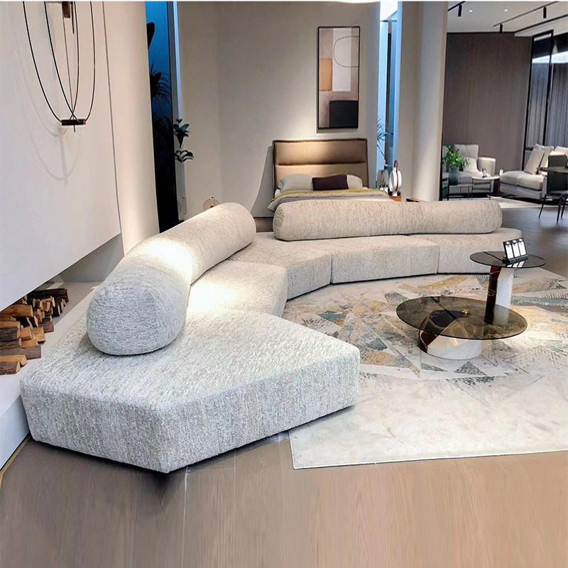 Long Bolster-Back Modular Sofa for Curved Low Lounge Layouts