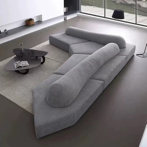 Long Bolster-Back Modular Sofa for Curved Low Lounge Layouts