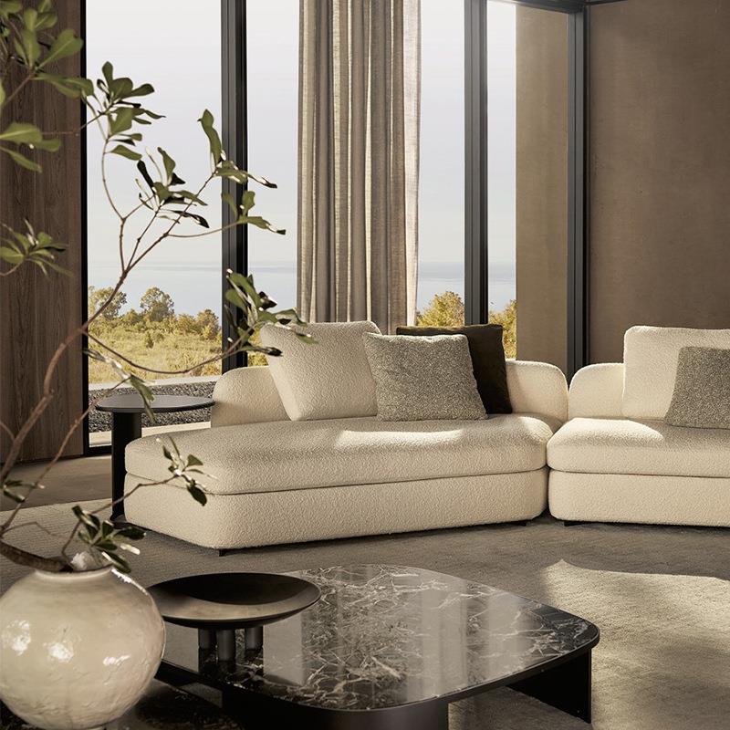 ​Round-End Corner Sofa in Cream Boucle and Warm Grey Fabric