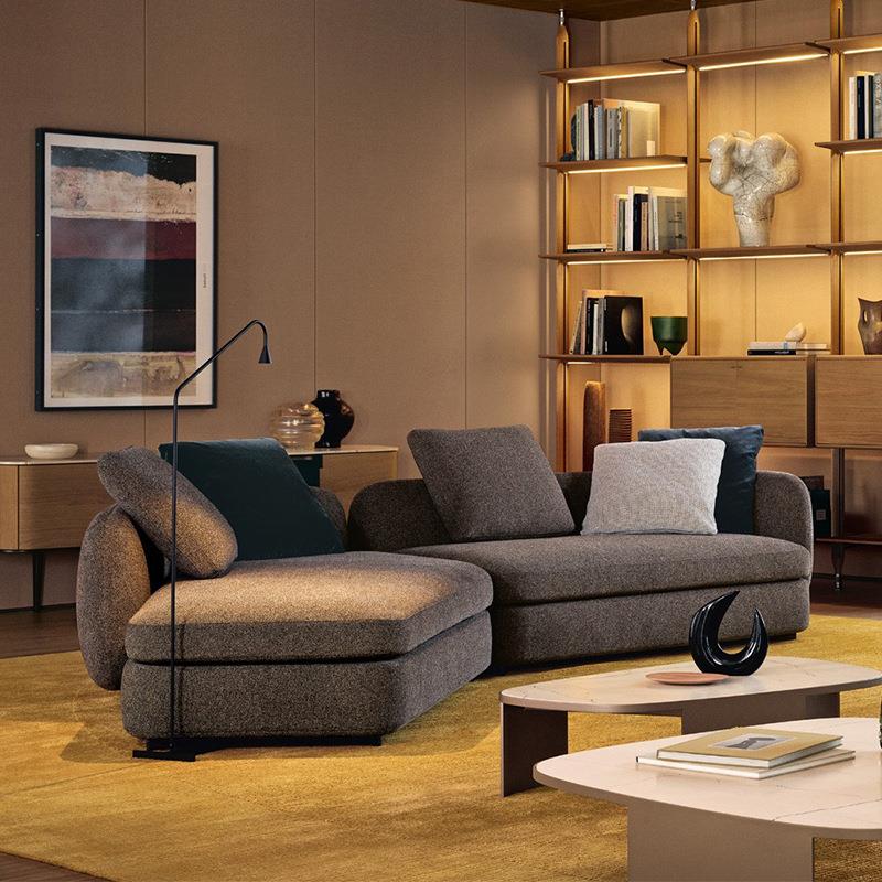 ​Round-End Corner Sofa in Cream Boucle and Warm Grey Fabric
