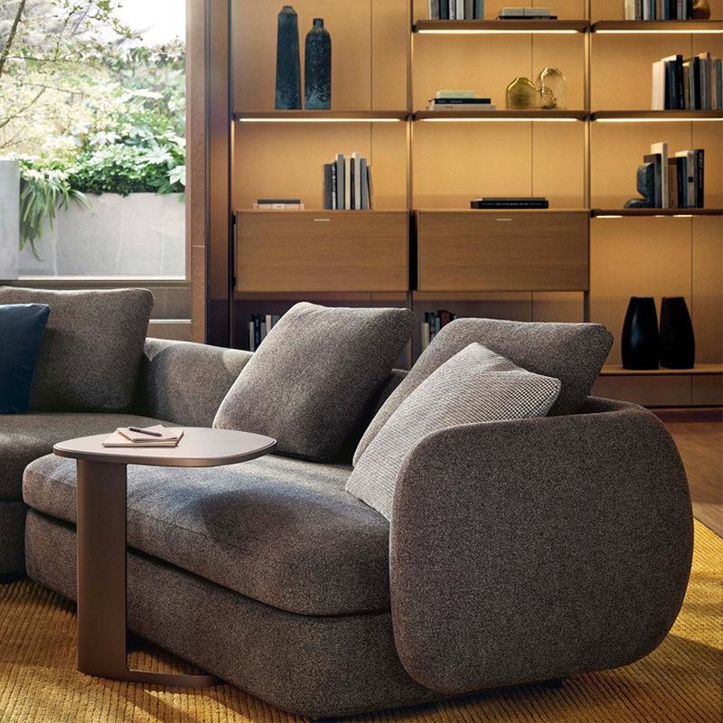 ​Round-End Corner Sofa in Cream Boucle and Warm Grey Fabric
