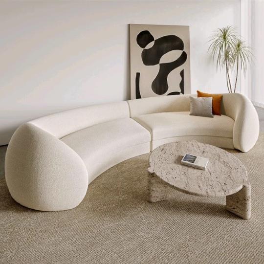 Sculptural Curved Boucle Sofa with Rounded Cocoon Arm Ends
