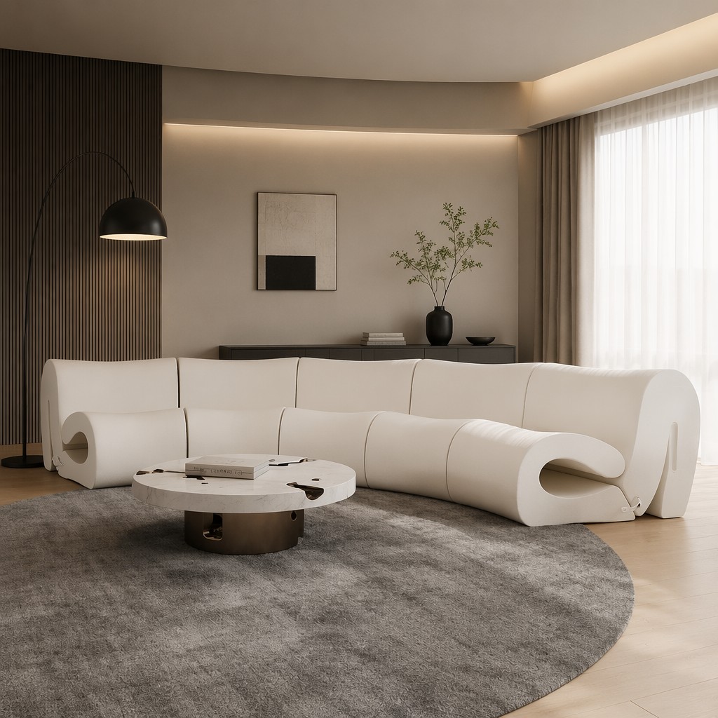 Roll-End Curved Sectional Sofa with Hollow Sculptural Arm Detail