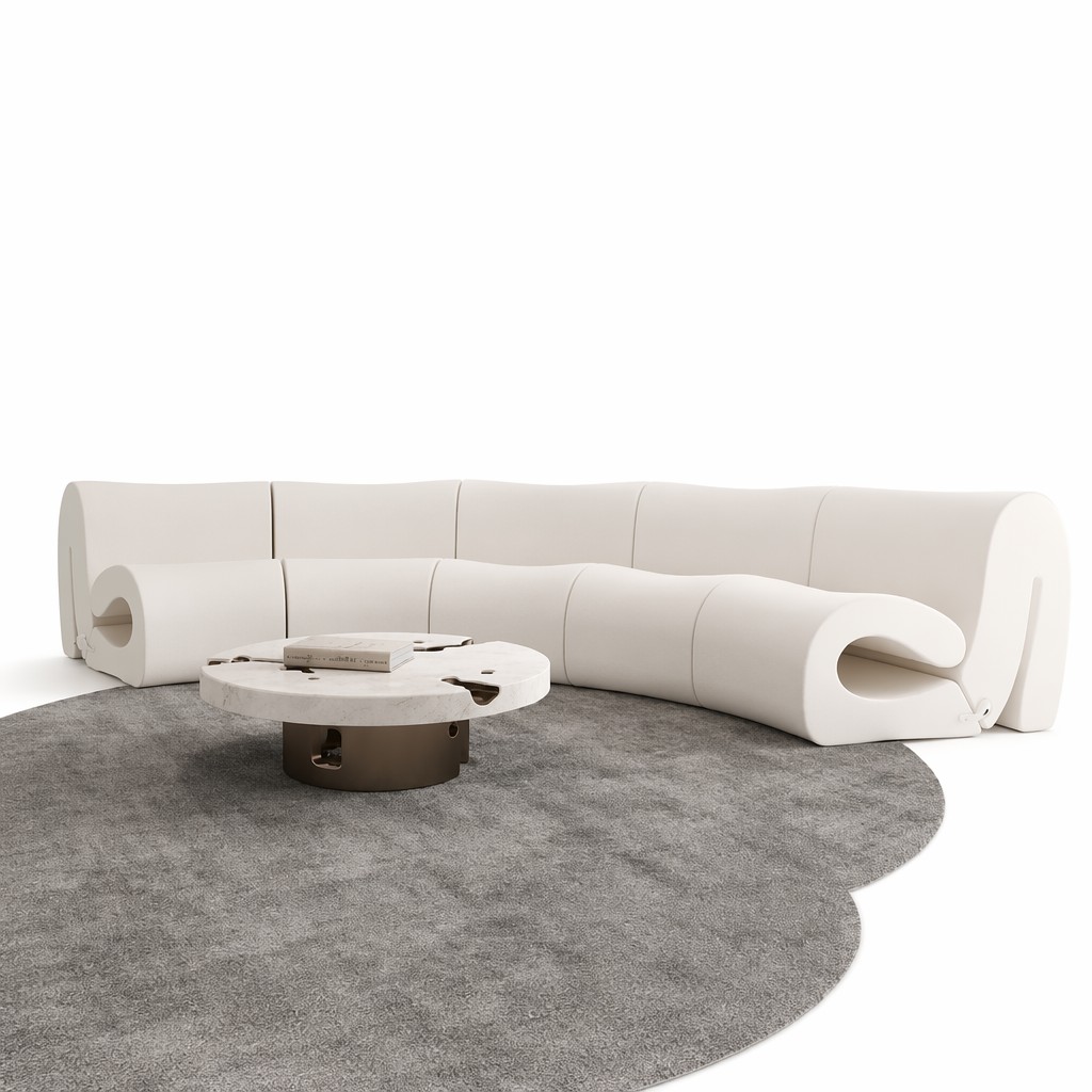 Roll-End Curved Sectional Sofa with Hollow Sculptural Arm Detail
