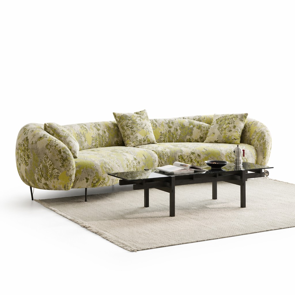 Botanical Fabric Sofa Raised on Slim Black Metal Legs