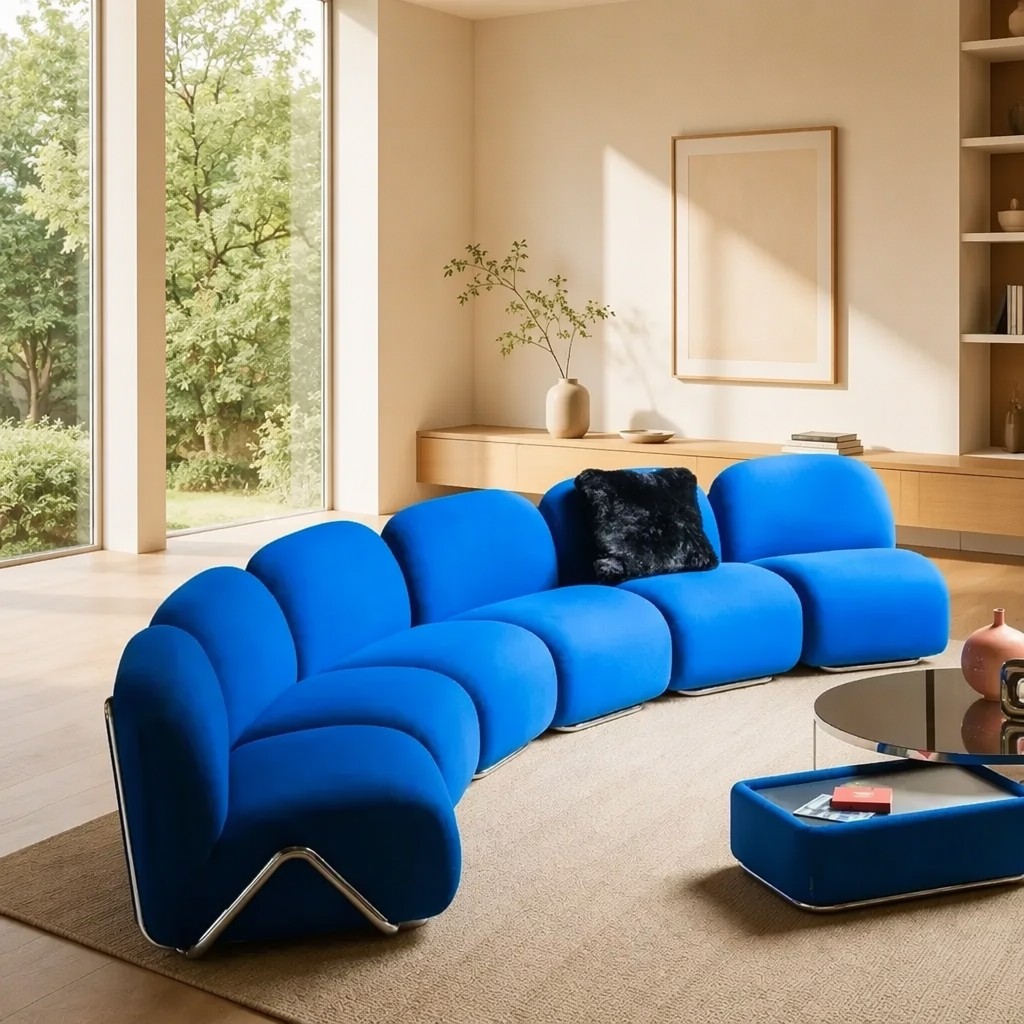 Electric Blue Curved Modular Sofa with Chrome Sled Side Frame