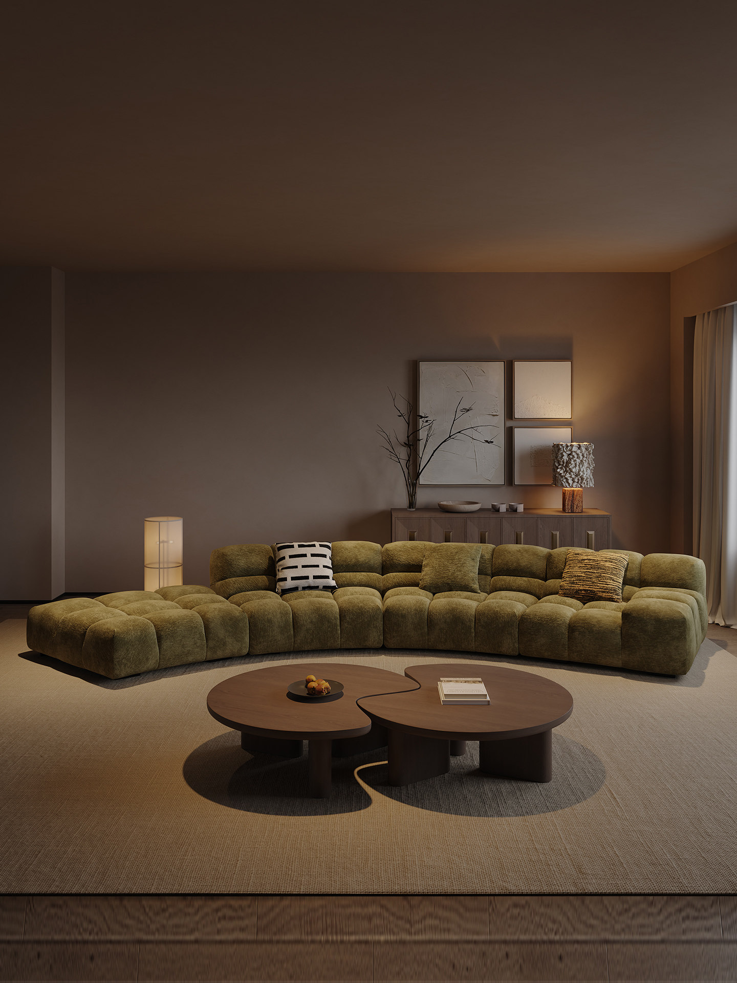 Olive Tufted Curved Sectional Sofa with a Relaxed Left Chaise Lounge