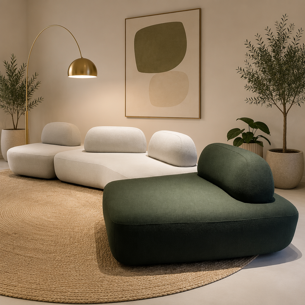 Moss Chenille Curved Sofa with Left Chaise and Channel Backrest