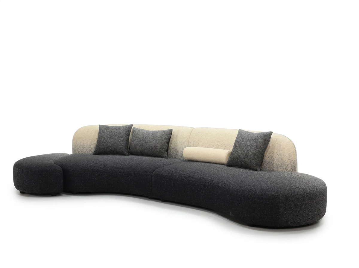 Dark Pebble Chaise Sofa with Cream Back Pillows and Organic Low Form