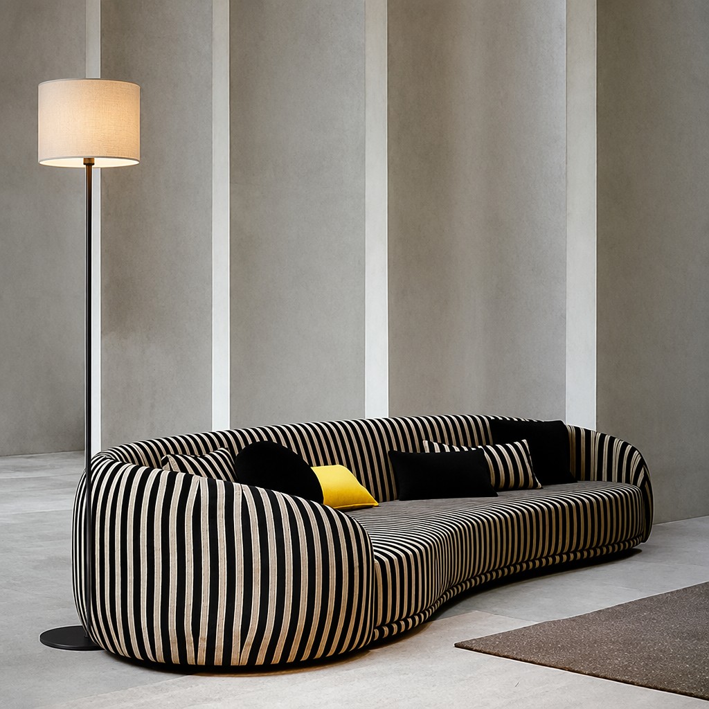 Black and Cream Striped Curved Sofa with Rounded Tubular Arms