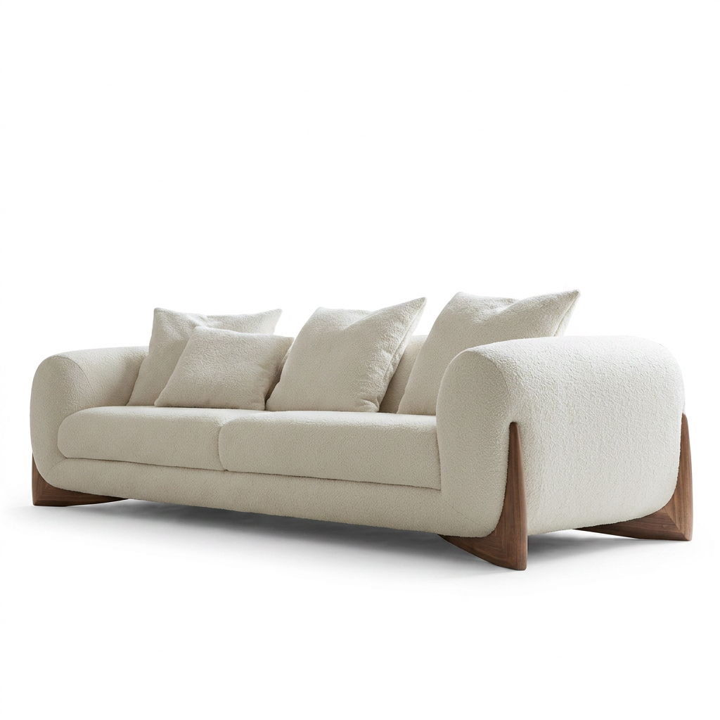 Cream Boucle Sofa and Armchair Set with Walnut A-Frame Legs