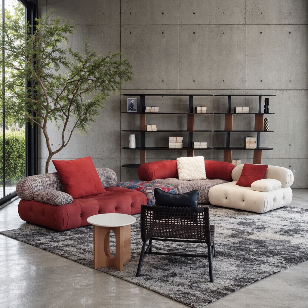 Mixed-Fabric Modular Sofa with Rust Tufted Seat and Pattern Blocks