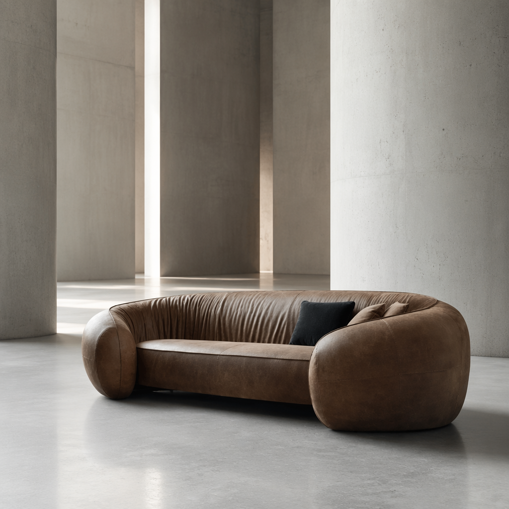 Brown Leather-Look Cocoon Sofa with Rounded Enclosed Arms