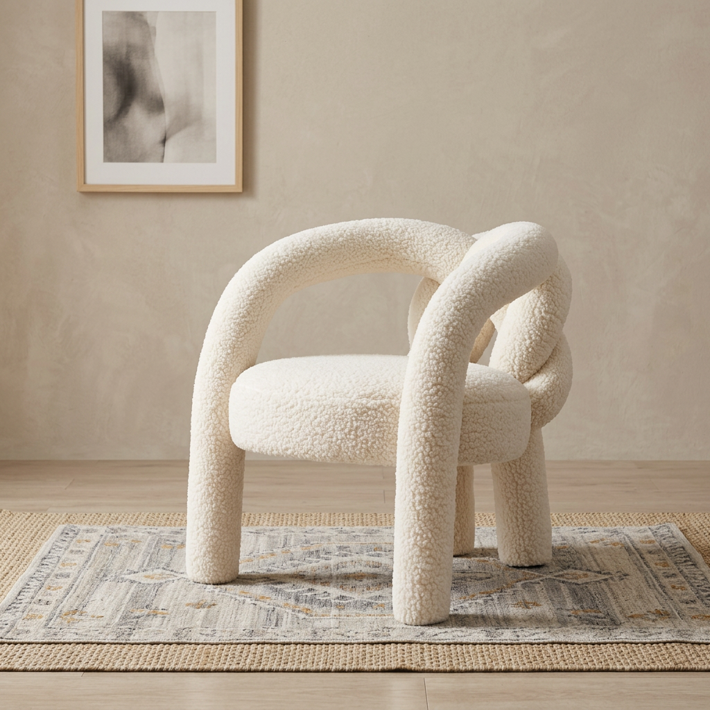 Cream Boucle Loop Lounge Chair with Interlaced Tubular Arms