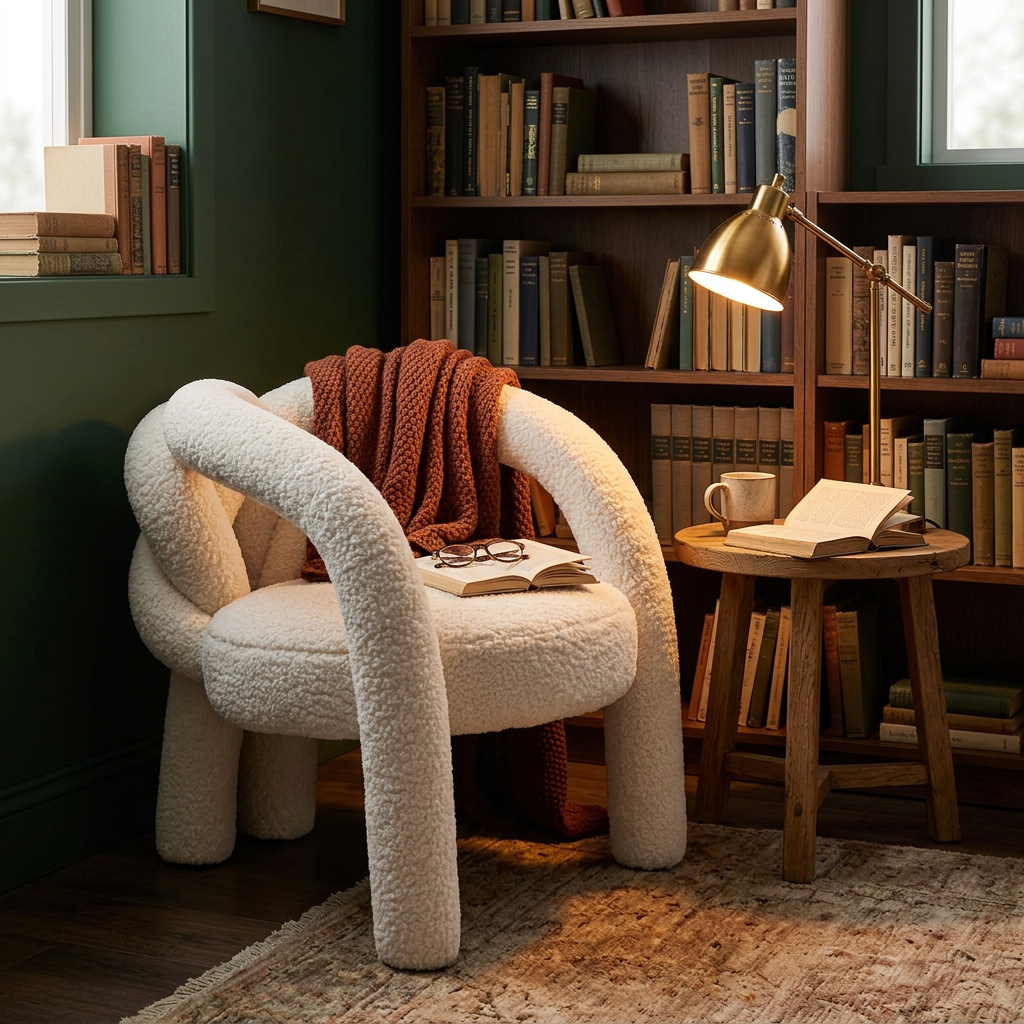 Cream Boucle Loop Lounge Chair with Interlaced Tubular Arms