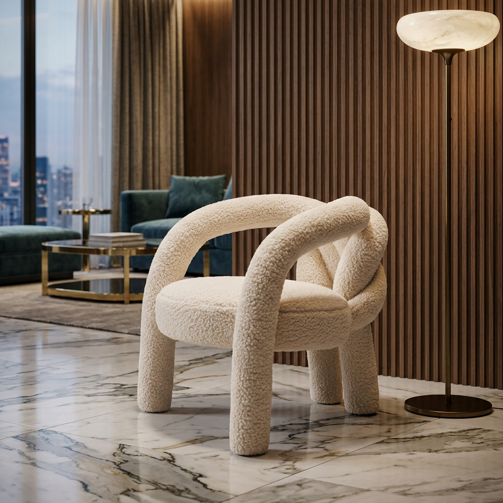 Cream Boucle Loop Lounge Chair with Interlaced Tubular Arms