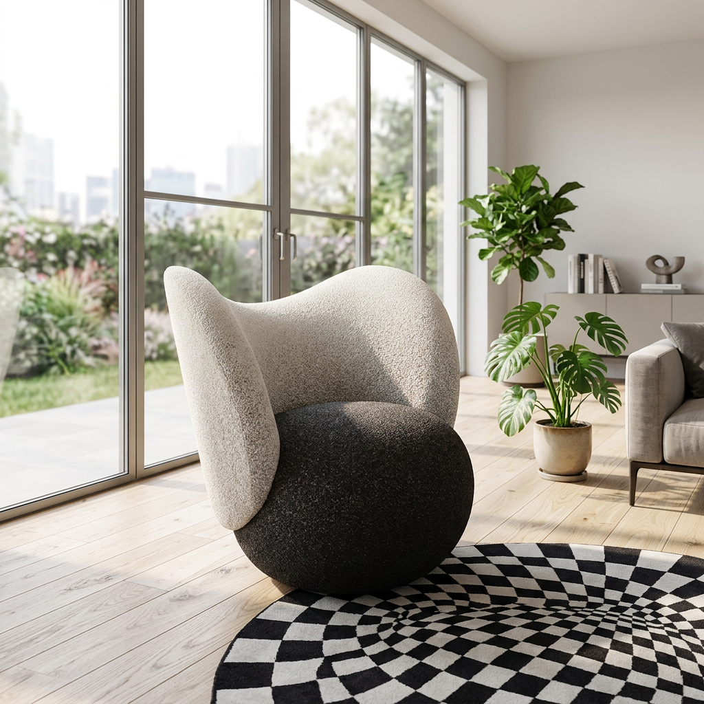 Two-Tone Boucle Wing Lounge Chair with Rounded Ball Seat Base