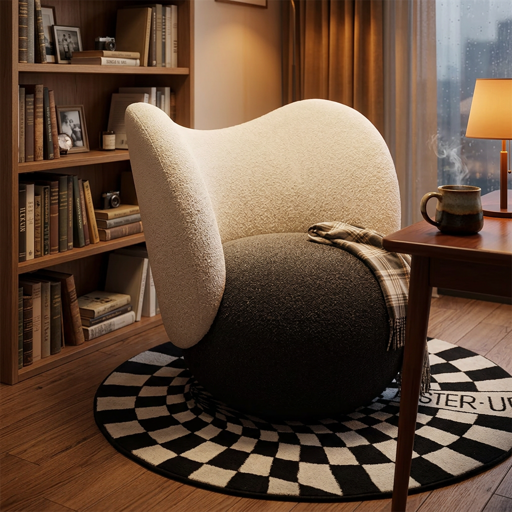 Two-Tone Boucle Wing Lounge Chair with Rounded Ball Seat Base