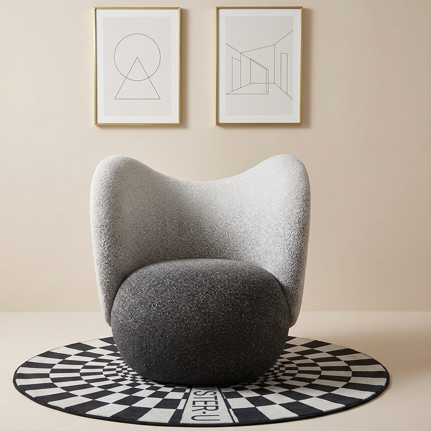 Two-Tone Boucle Wing Lounge Chair with Rounded Ball Seat Base