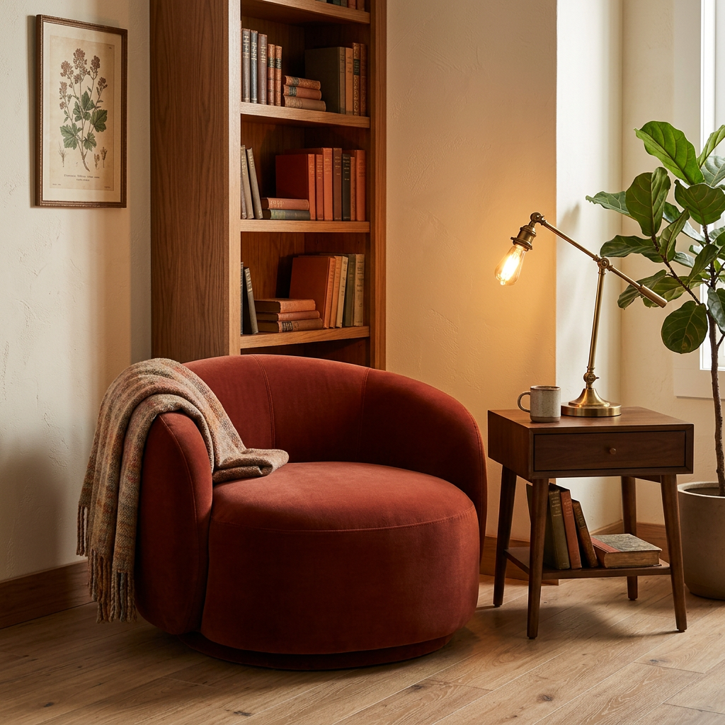Terracotta Velvet Tub Lounge Chair with Round Swivel-Style Base