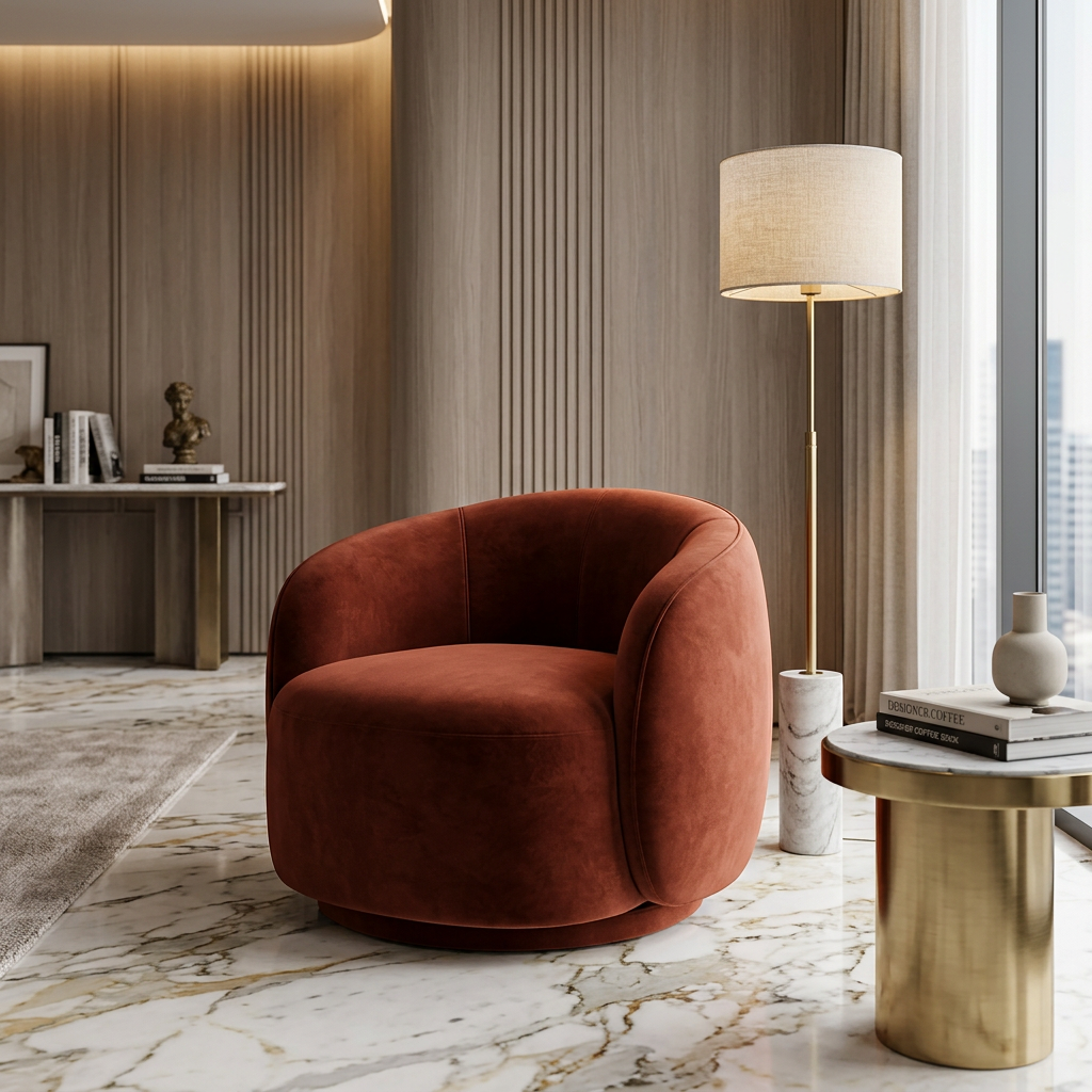 Terracotta Velvet Tub Lounge Chair with Round Swivel-Style Base