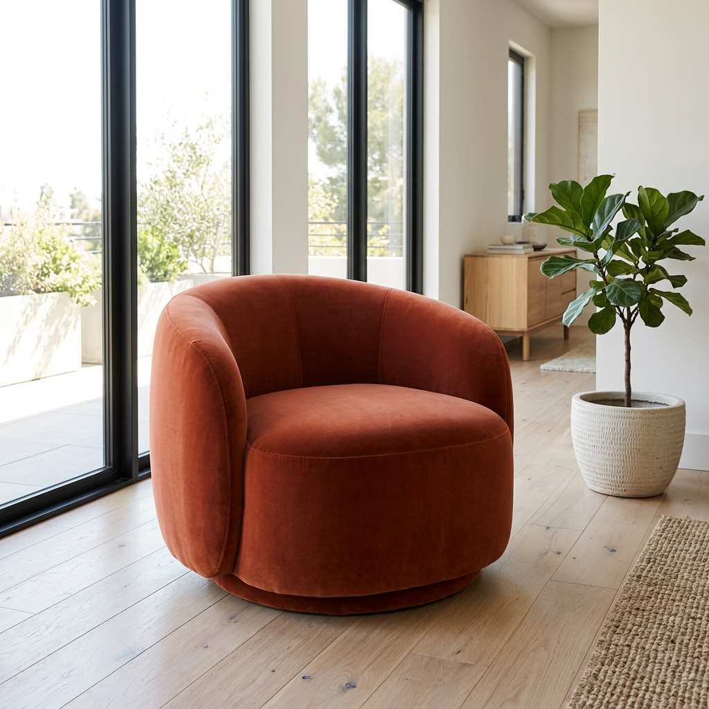 Terracotta Velvet Tub Lounge Chair with Round Swivel-Style Base