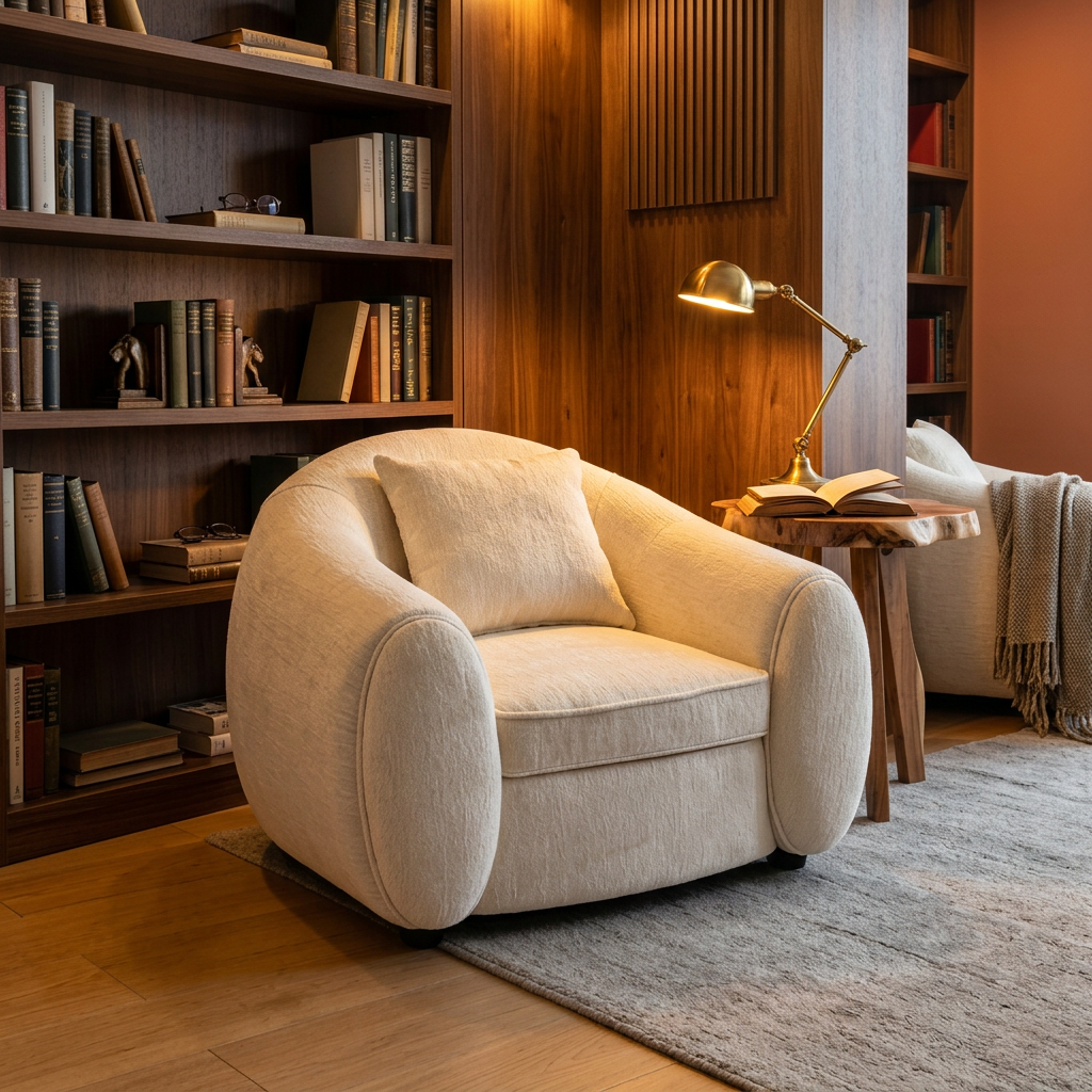 Cream Boucle Club Chair with Oversized Round Side Arms