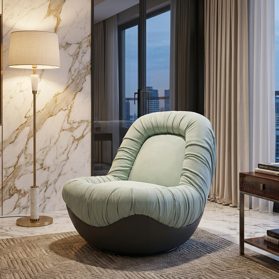 Mint Green Ruched Lounge Chair on a Black Bowl-Shaped Base