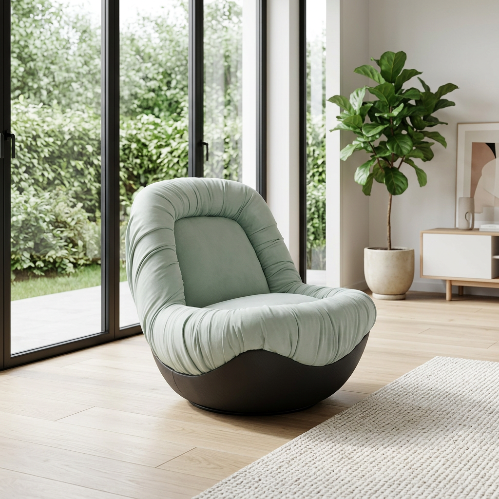 Mint Green Ruched Lounge Chair on a Black Bowl-Shaped Base