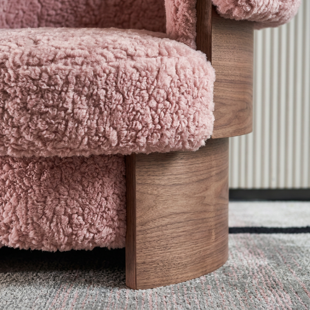 Pink Sherpa Barrel Lounge Chair Framed by Curved Wood Panels