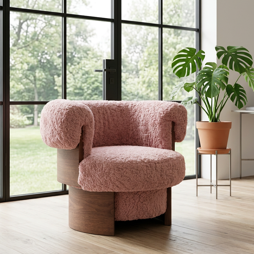 Pink Sherpa Barrel Lounge Chair Framed by Curved Wood Panels